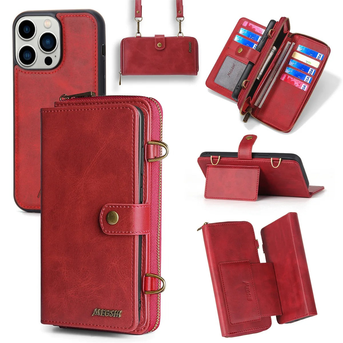 Luxury iPhone Case — 2-in-1 Detachable PU Leather Wallet Cover with Zipper Purse, Magnetic Flip Clasp, Heavy-Duty Dual-Layer Protection and Lanyard