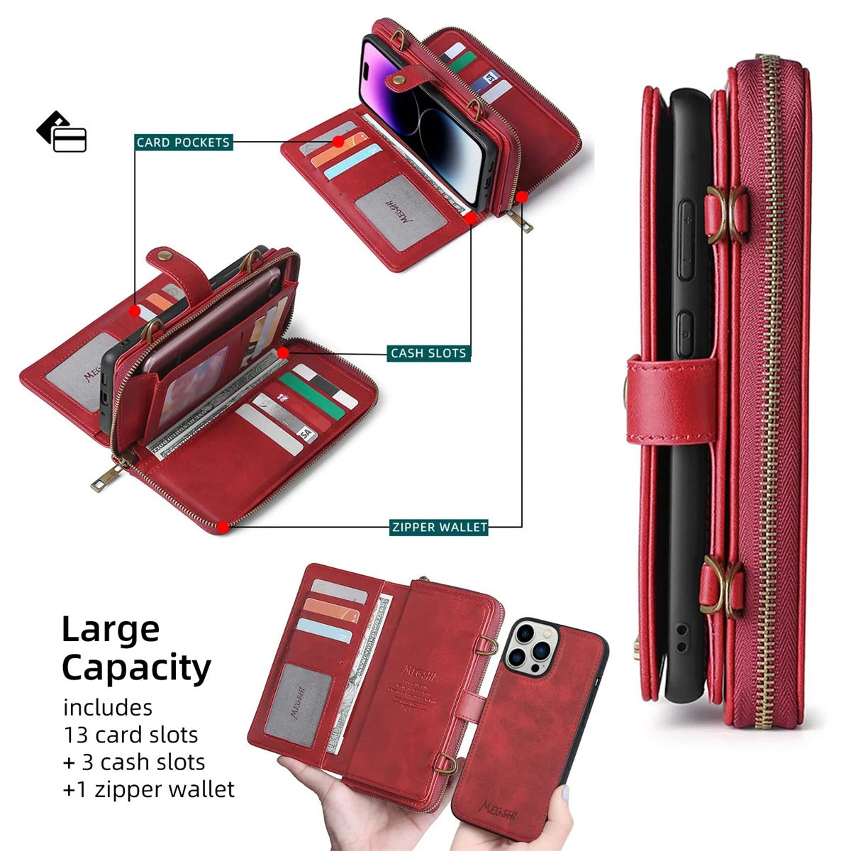 Luxury iPhone Case — 2-in-1 Detachable PU Leather Wallet Cover with Zipper Purse, Magnetic Flip Clasp, Heavy-Duty Dual-Layer Protection and Lanyard