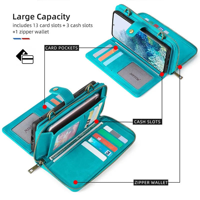 Luxury iPhone Case — 2-in-1 Detachable PU Leather Wallet Cover with Zipper Purse, Magnetic Flip Clasp, Heavy-Duty Dual-Layer Protection and Lanyard