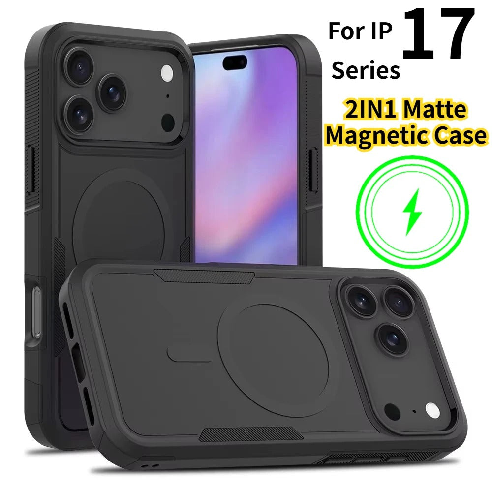 Luxury iPhone Case — 2-in-1 Heavy Armor Magnetic Charging Cover with Shockproof PC+TPU Matte Protective Design