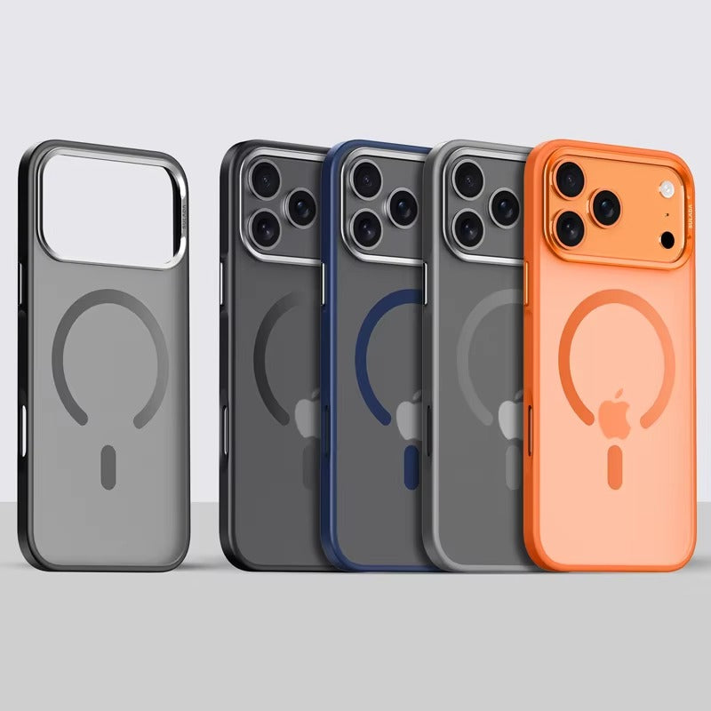 Luxury iPhone Case — Alloy Lens Frame Matte MagSafe Cover with Translucent Hybrid Design, Magnetic Shockproof PC+TPU Hard Half-Wrapped Protection
