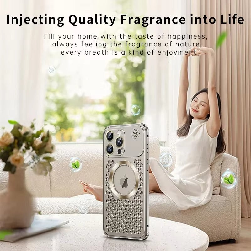 Luxury iPhone Case — Aluminum Alloy MagSafe Heat-Dissipation Cover with Removable Aromatherapy, Lens Film Protection, Anti-Fingerprint Waterproof Shockproof Design