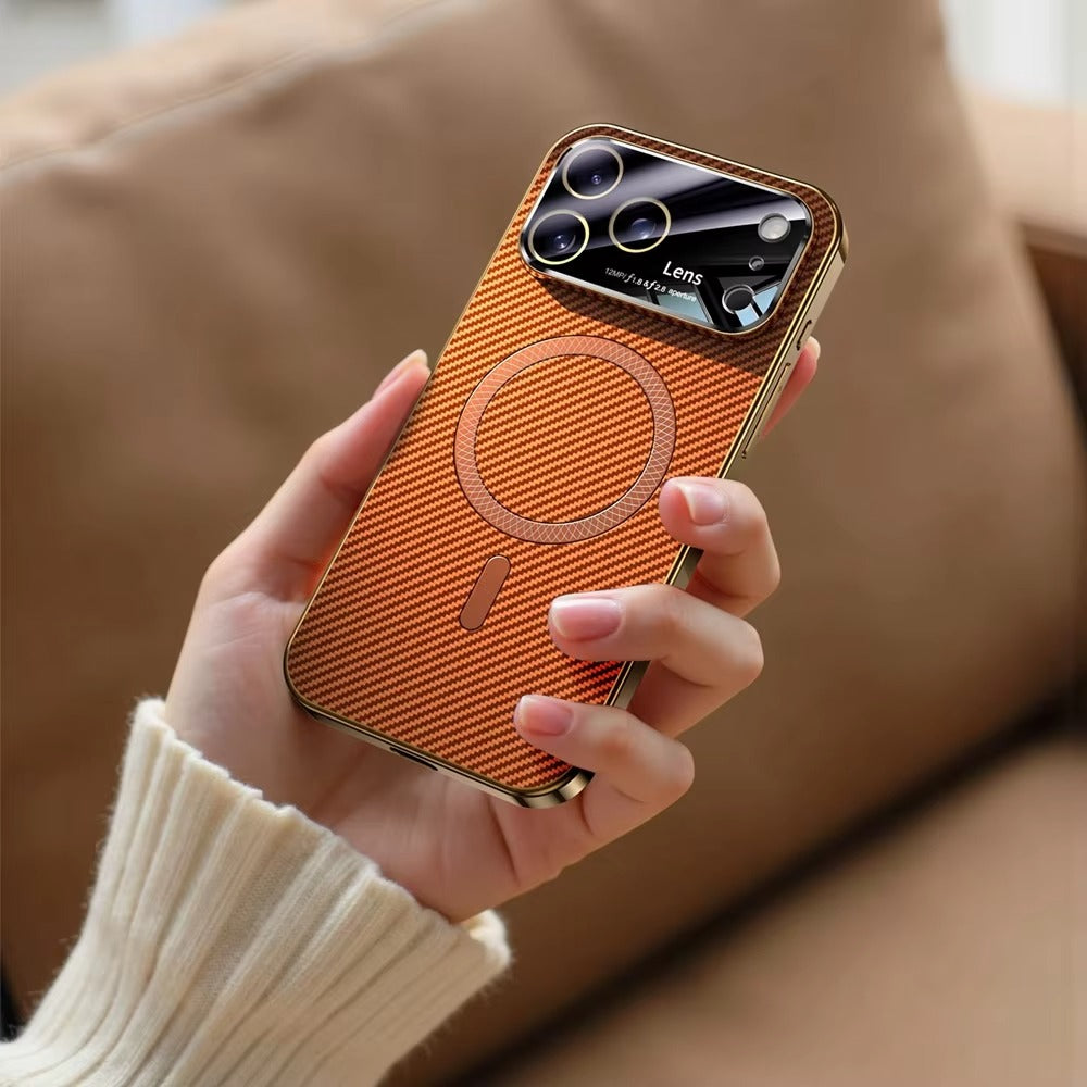 Luxury iPhone Case — Carbon-Fiber Pattern MagSafe Wireless-Charging Cover with Shockproof Plating Design and Slim TPU Protection