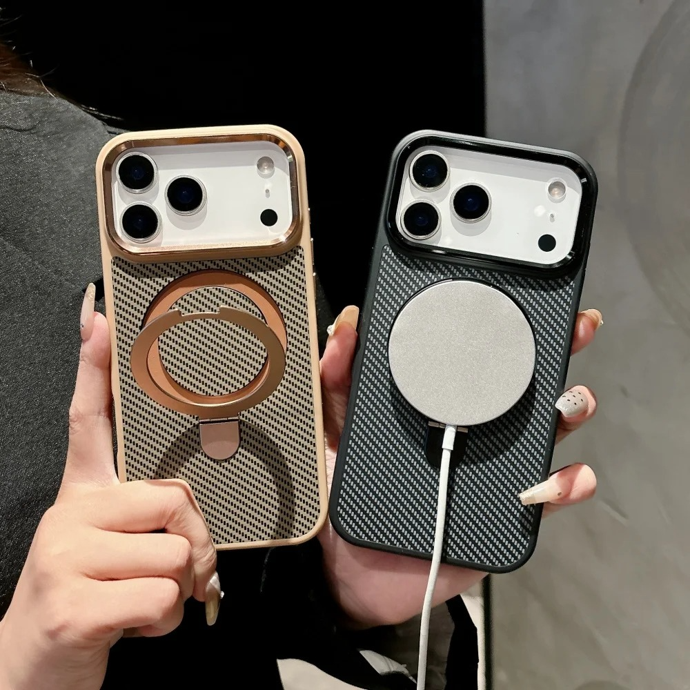 Luxury iPhone Case — Carbon Fiber Texture Magnetic Stand Holder Cover with Shockproof Half-Wrapped PC Design, Anti-Fingerprint and Screen Protection