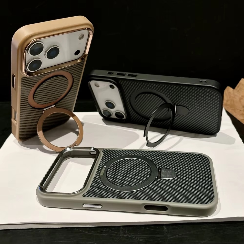 Luxury iPhone Case — Carbon Fiber Texture Magnetic Stand Holder Cover with Shockproof Half-Wrapped PC Design, Anti-Fingerprint and Screen Protection