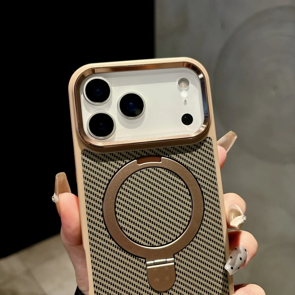 Luxury iPhone Case — Carbon Fiber Texture Magnetic Stand Holder Cover with Shockproof Half-Wrapped PC Design, Anti-Fingerprint and Screen Protection