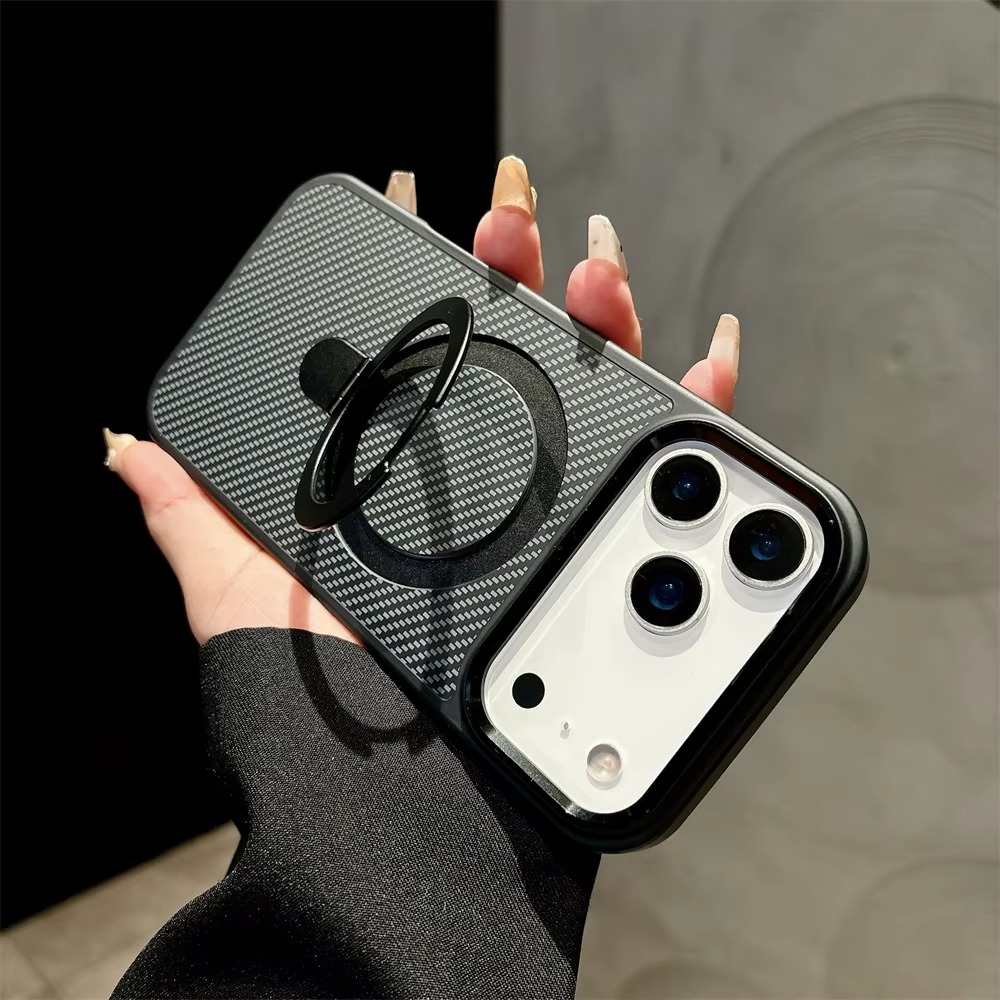 Luxury iPhone Case — Carbon Fiber Texture Magnetic Stand Holder Cover with Shockproof Half-Wrapped PC Design, Anti-Fingerprint and Screen Protection