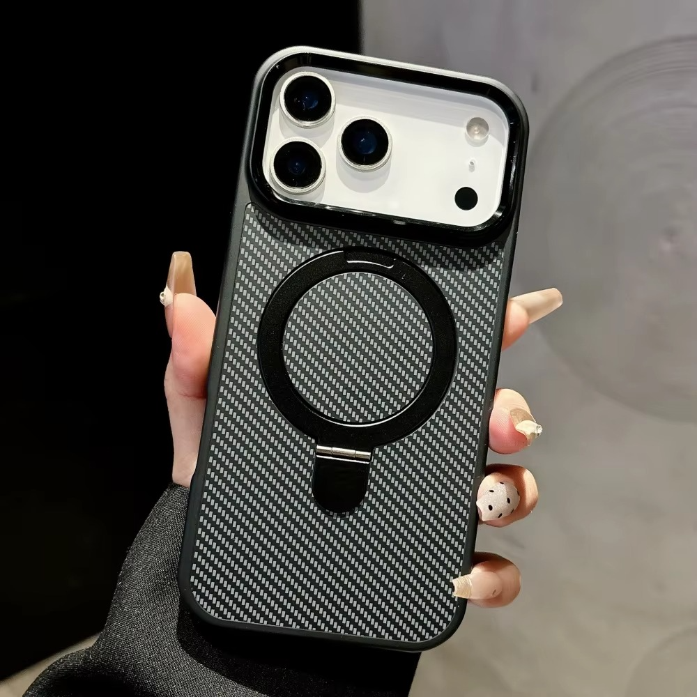 Luxury iPhone Case — Carbon Fiber Texture Magnetic Stand Holder Cover with Shockproof Half-Wrapped PC Design, Anti-Fingerprint and Screen Protection