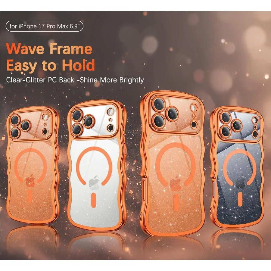 Luxury iPhone Case — Clear Glitter Magnetic Hard Cover with MagSafe Compatibility, Plated Wavy Frame Design & Cute Anti-Slip Style
