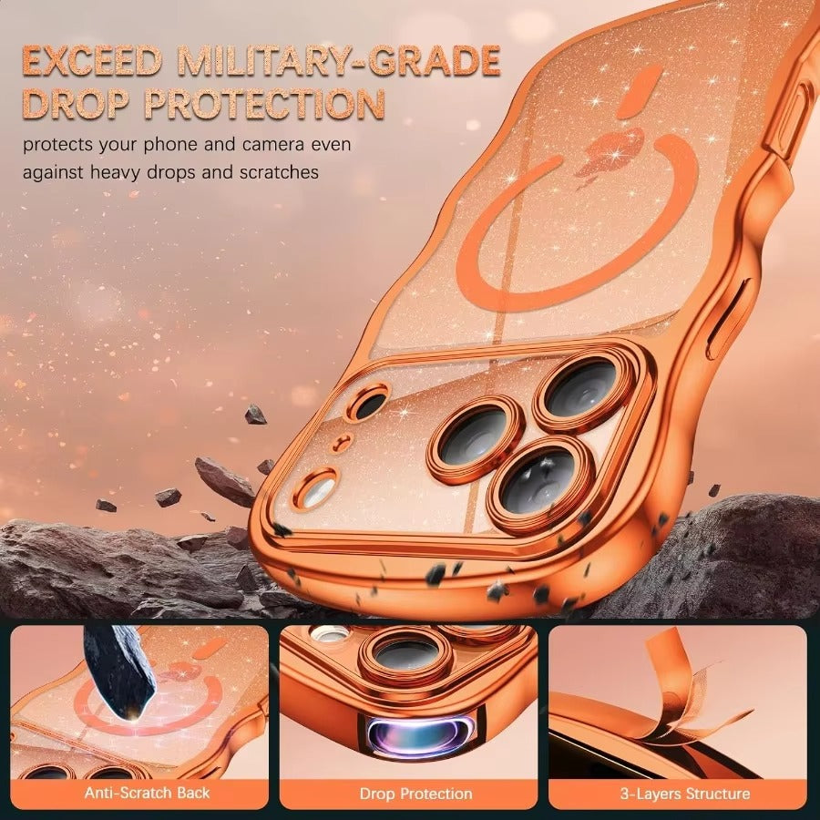 Luxury iPhone Case — Clear Glitter Magnetic Hard Cover with MagSafe Compatibility, Plated Wavy Frame Design & Cute Anti-Slip Style