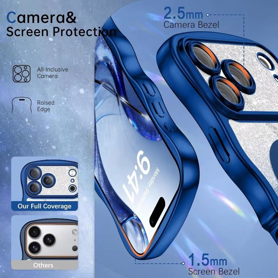Luxury iPhone Case — Clear MagSafe-Compatible Cover with Full Camera Protection, Cute Wave Frame Design & DIY Glitter Style