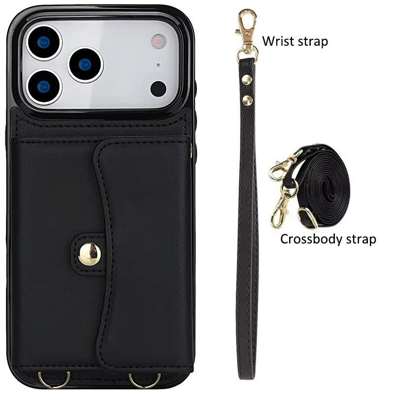 Luxury iPhone Case — Crossbody Leather Wallet Cover with Wrist & Shoulder Strap, Card & Coin Storage, Non-Slip Shockproof Design