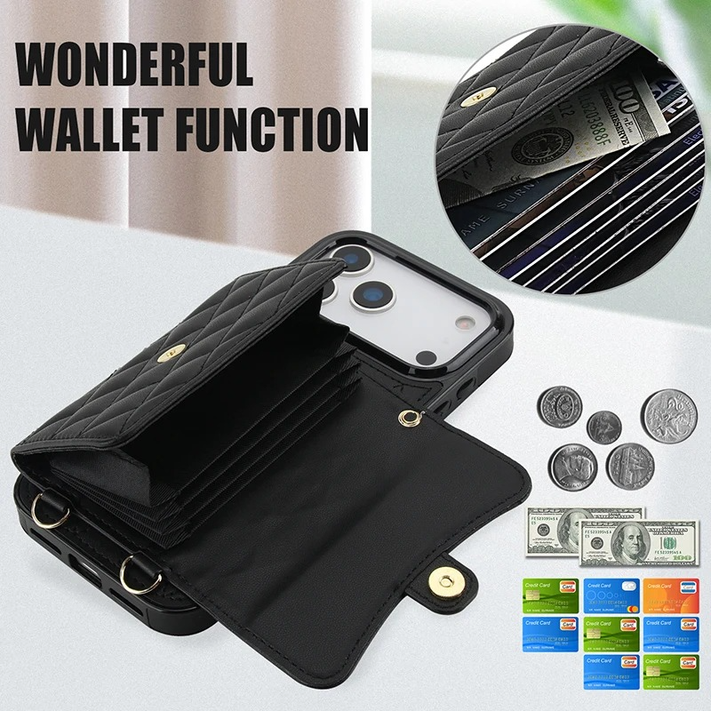 Luxury iPhone Case — Crossbody Leather Wallet Cover with Wrist & Shoulder Strap, Card & Coin Storage, Non-Slip Shockproof Design