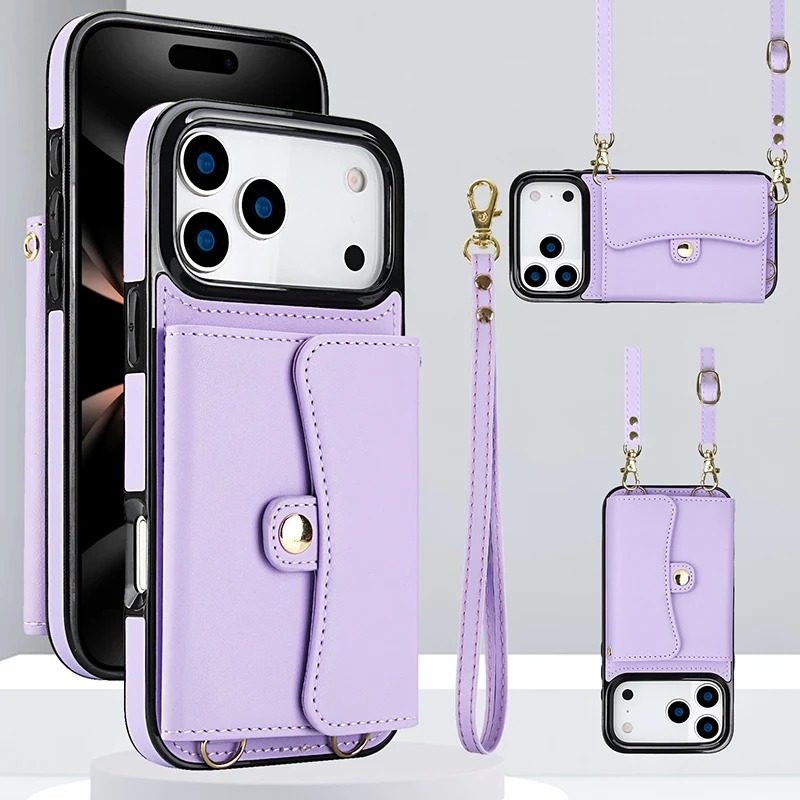 Luxury iPhone Case — Crossbody Leather Wallet Cover with Wrist & Shoulder Strap, Card & Coin Storage, Non-Slip Shockproof Design
