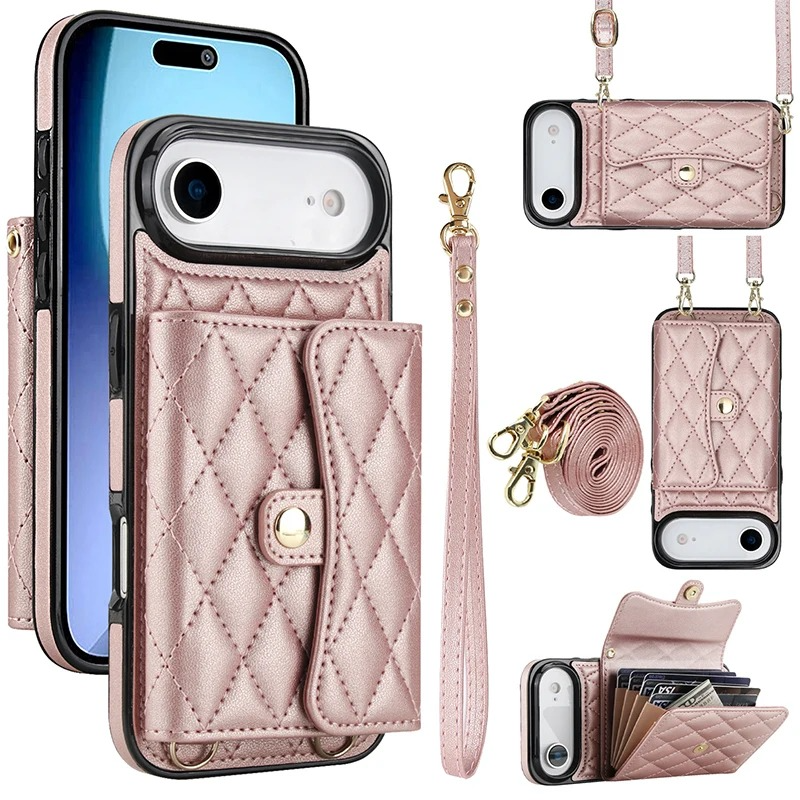 Luxury iPhone Case — Crossbody Leather Wallet Cover with Wrist & Shoulder Strap, Card & Coin Storage, Non-Slip Shockproof Design