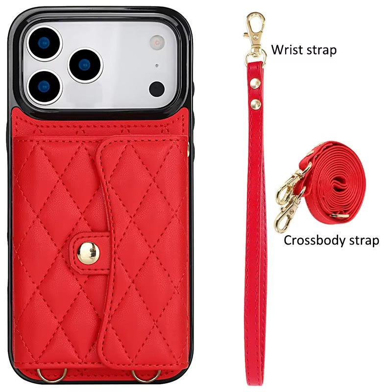 Luxury iPhone Case — Crossbody Leather Wallet Cover with Wrist & Shoulder Strap, Card & Coin Storage, Non-Slip Shockproof Design