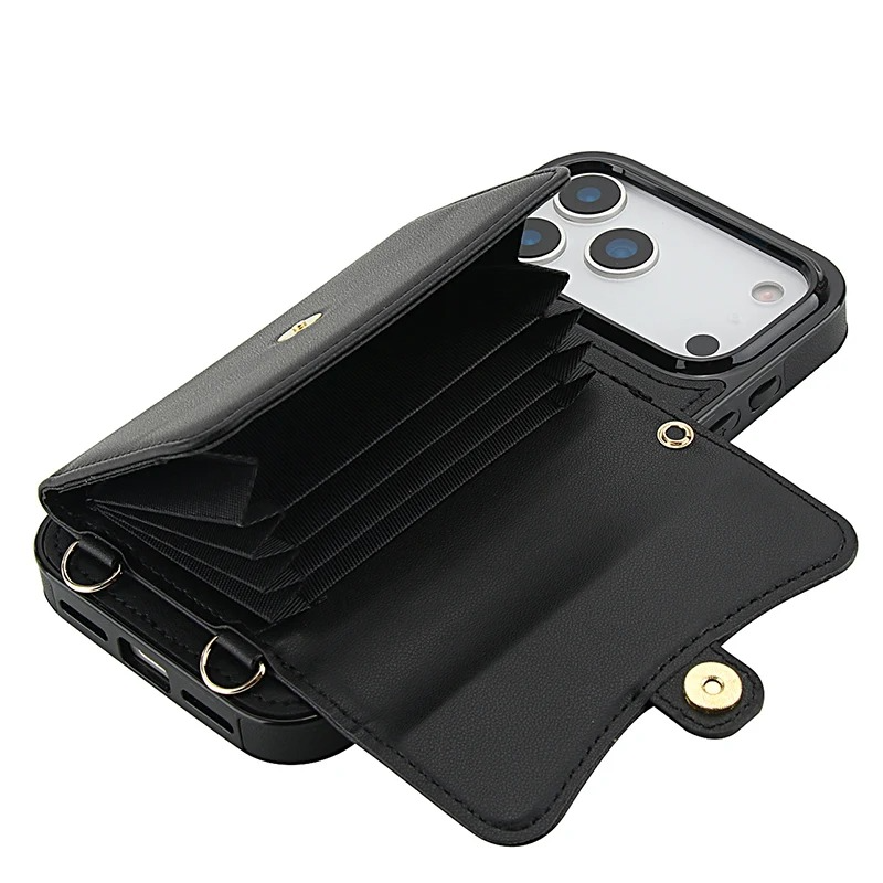 Luxury iPhone Case — Crossbody Leather Wallet Cover with Wrist & Shoulder Strap, Card & Coin Storage, Non-Slip Shockproof Design