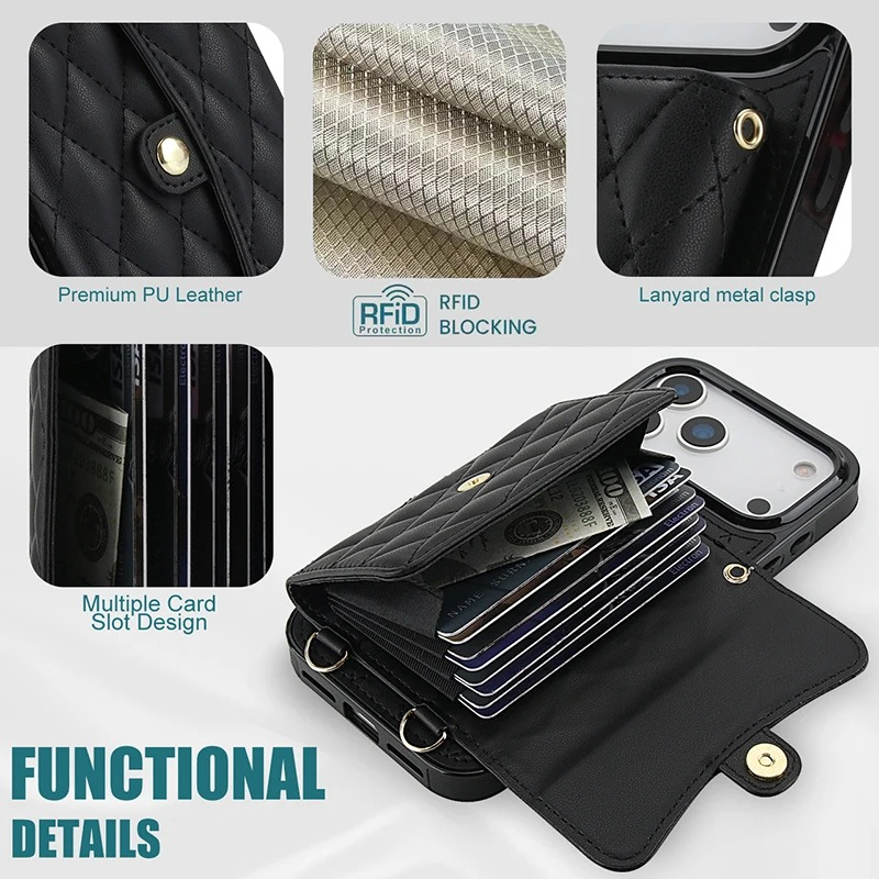 Luxury iPhone Case — Crossbody Leather Wallet Cover with Wrist & Shoulder Strap, Card & Coin Storage, Non-Slip Shockproof Design
