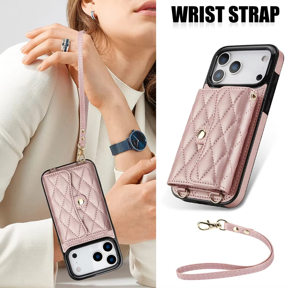 Luxury iPhone Case — Crossbody Leather Wallet Cover with Wrist & Shoulder Strap, Card & Coin Storage, Non-Slip Shockproof Design
