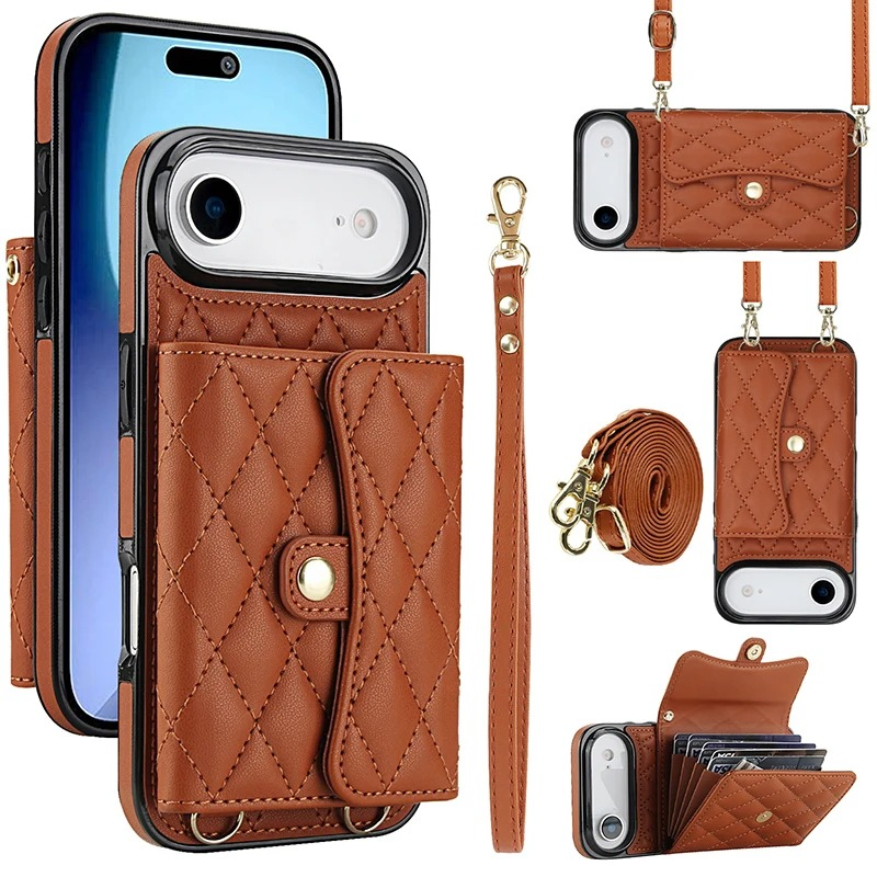 Luxury iPhone Case — Crossbody Leather Wallet Cover with Wrist & Shoulder Strap, Card & Coin Storage, Non-Slip Shockproof Design