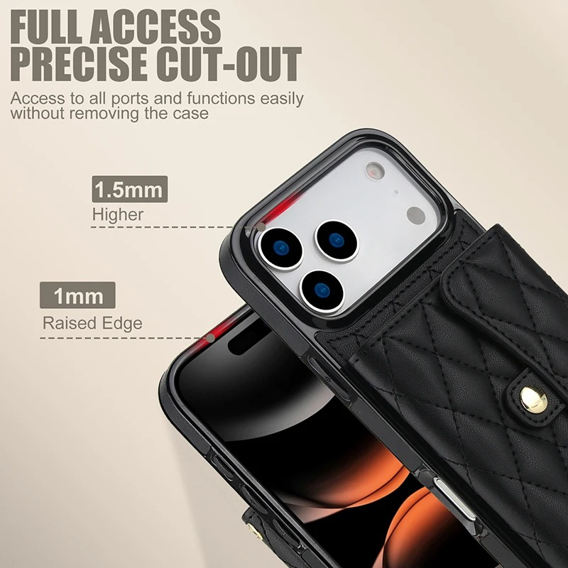 Luxury iPhone Case — Crossbody Leather Wallet Cover with Wrist & Shoulder Strap, Card & Coin Storage, Non-Slip Shockproof Design