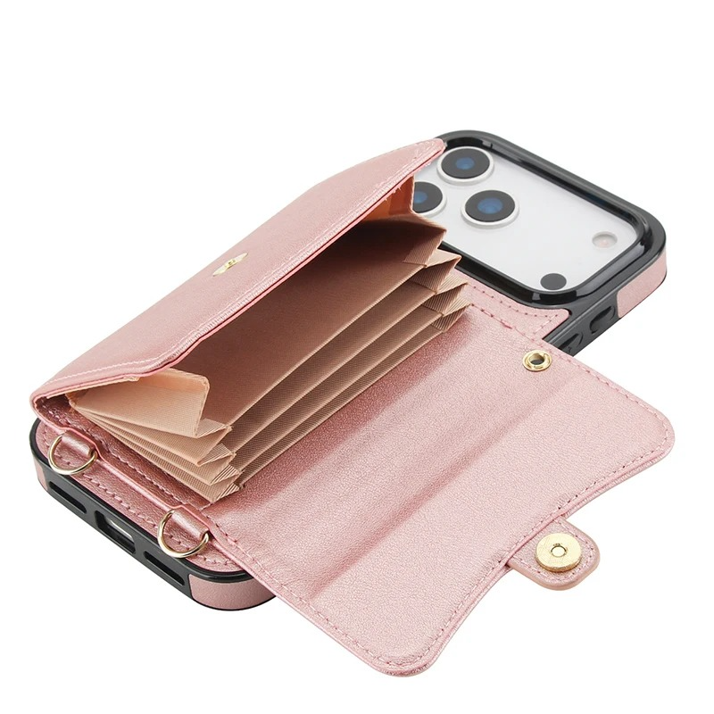 Luxury iPhone Case — Crossbody Leather Wallet Cover with Wrist & Shoulder Strap, Card & Coin Storage, Non-Slip Shockproof Design