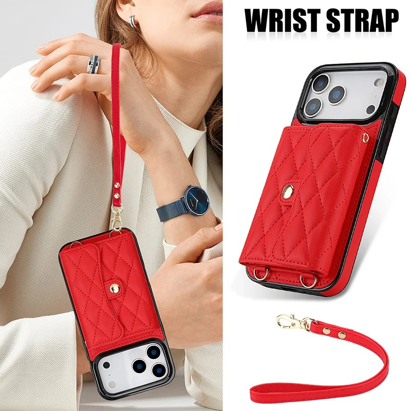 Luxury iPhone Case — Crossbody Leather Wallet Cover with Wrist & Shoulder Strap, Card & Coin Storage, Non-Slip Shockproof Design