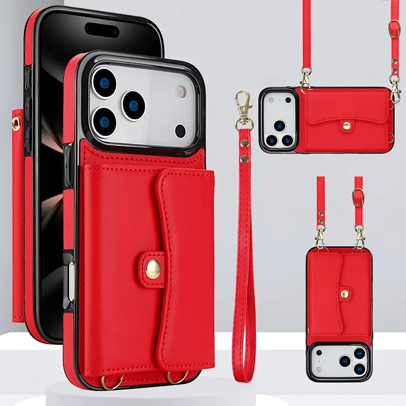Luxury iPhone Case — Crossbody Leather Wallet Cover with Wrist & Shoulder Strap, Card & Coin Storage, Non-Slip Shockproof Design