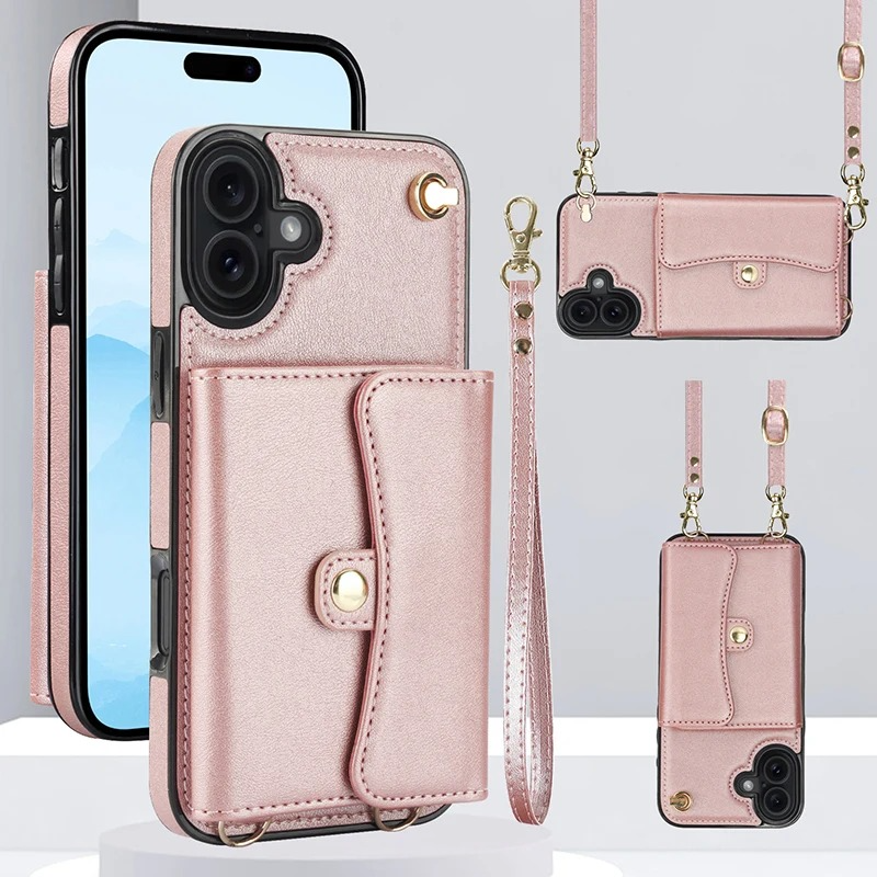 Luxury iPhone Case — Crossbody Leather Wallet Cover with Wrist & Shoulder Strap, Card & Coin Storage, Non-Slip Shockproof Design