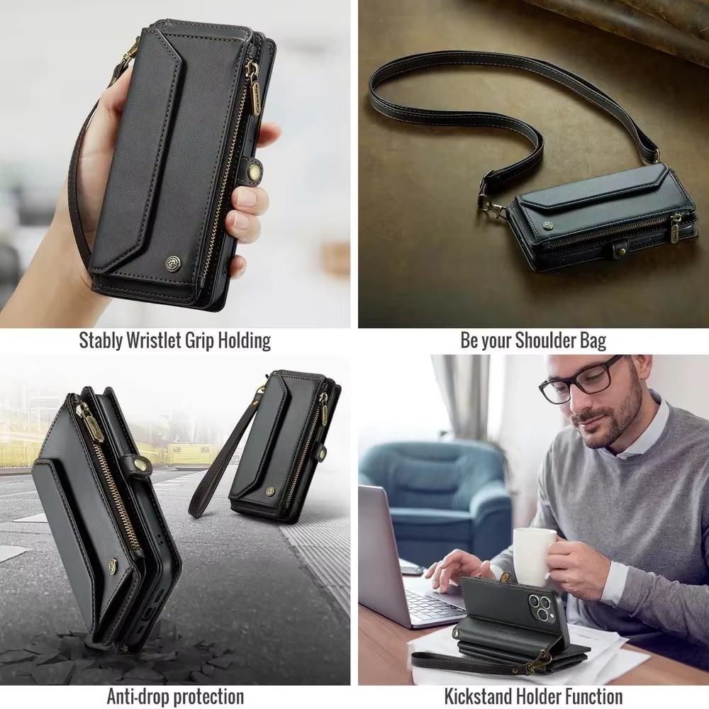 Luxury iPhone Case — RFID-Blocking PU Leather Wallet Cover with 7-Card Holder, Zipper Bill Compartment and Wristlet Shoulder Strap Design
