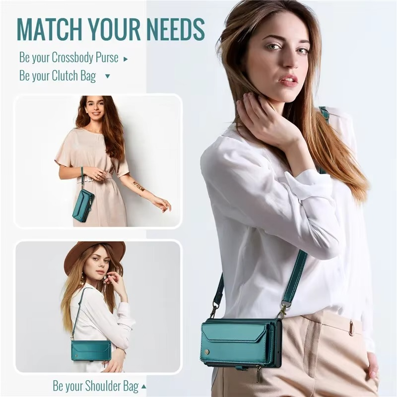 Luxury iPhone Case — RFID-Blocking PU Leather Wallet Cover with 7-Card Holder, Zipper Bill Compartment and Wristlet Shoulder Strap Design
