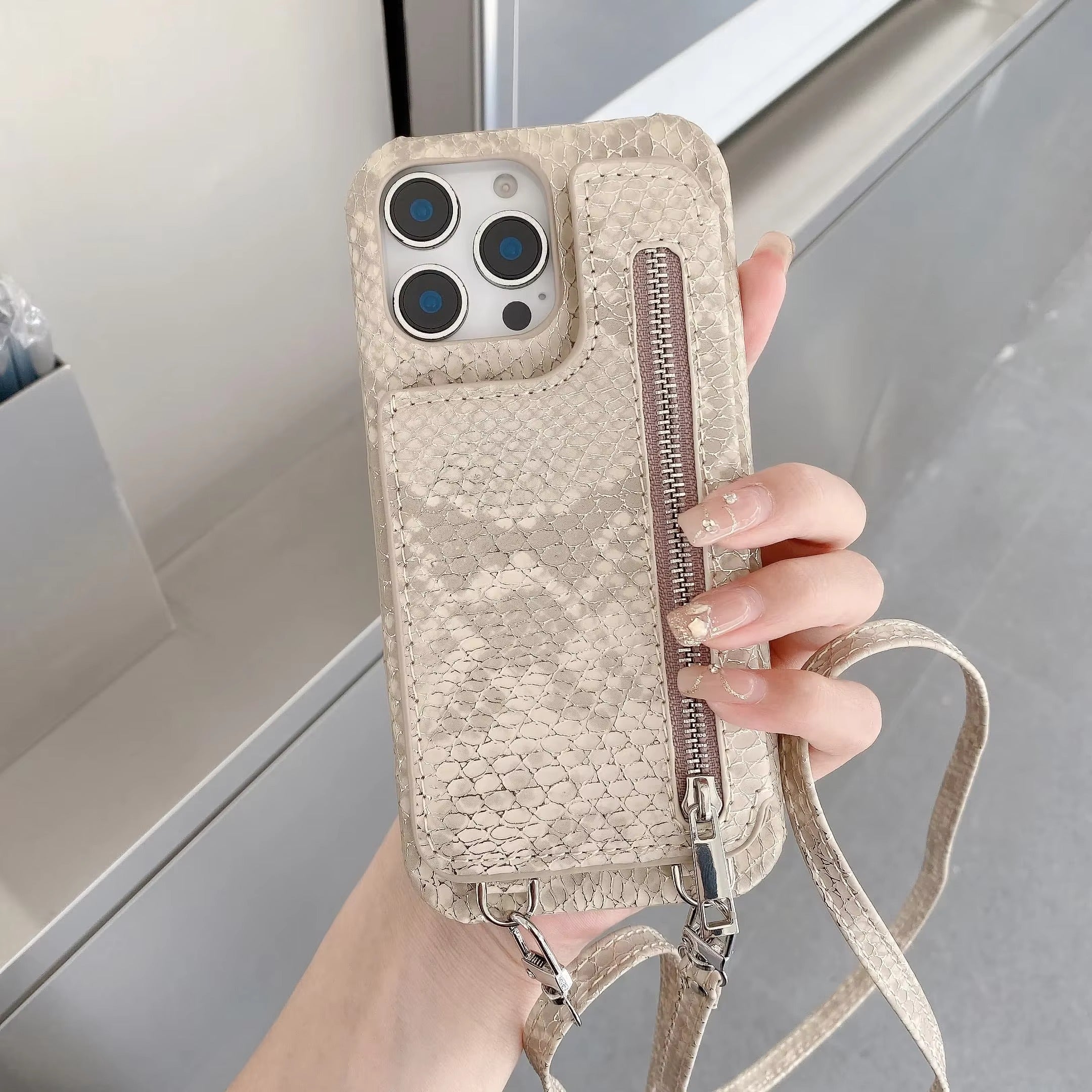 Luxury iPhone Case — Crossbody Makeup-Mirror Wallet Cover with Zipper Card Pocket, Shockproof Non-Slip PU Leather + PC/TPU Design