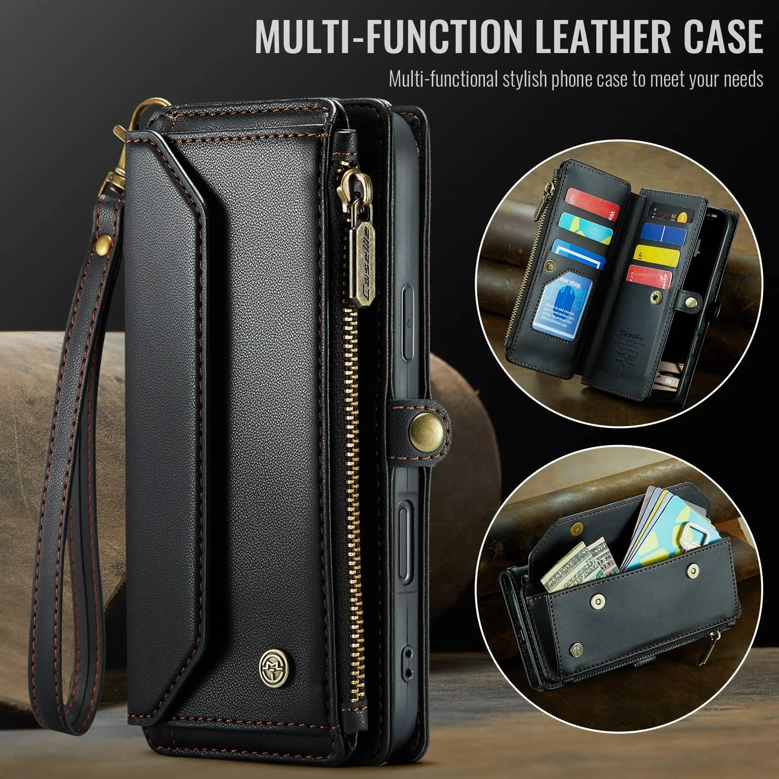 Luxury iPhone Case — Crossbody PU Leather Wallet Flip Cover with RFID Blocking, 7–10 Card Slots, Wristlet Strap & Shockproof Full-Body Protection