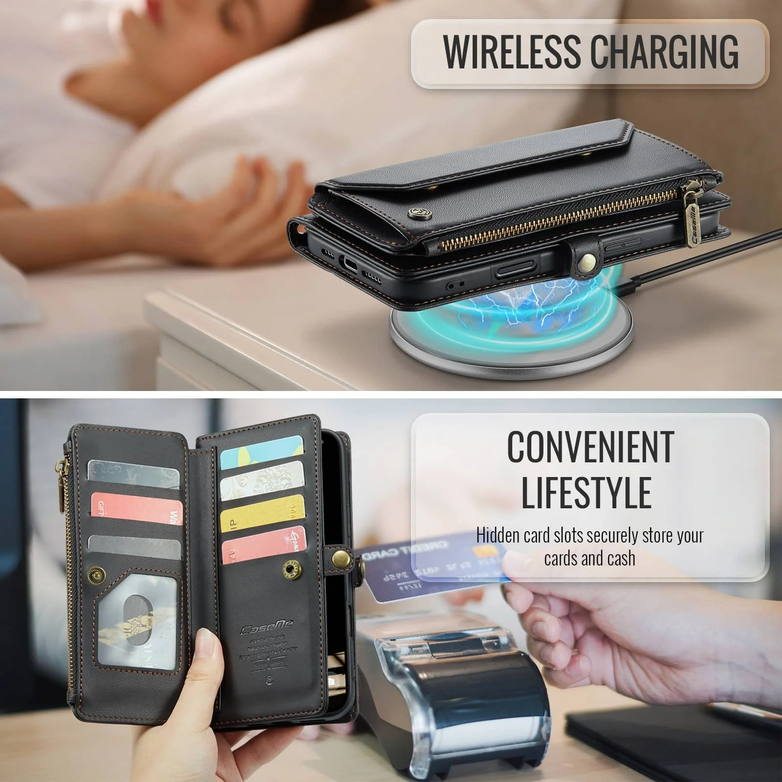 Luxury iPhone Case — Crossbody PU Leather Wallet Flip Cover with RFID Blocking, 7–10 Card Slots, Wristlet Strap & Shockproof Full-Body Protection