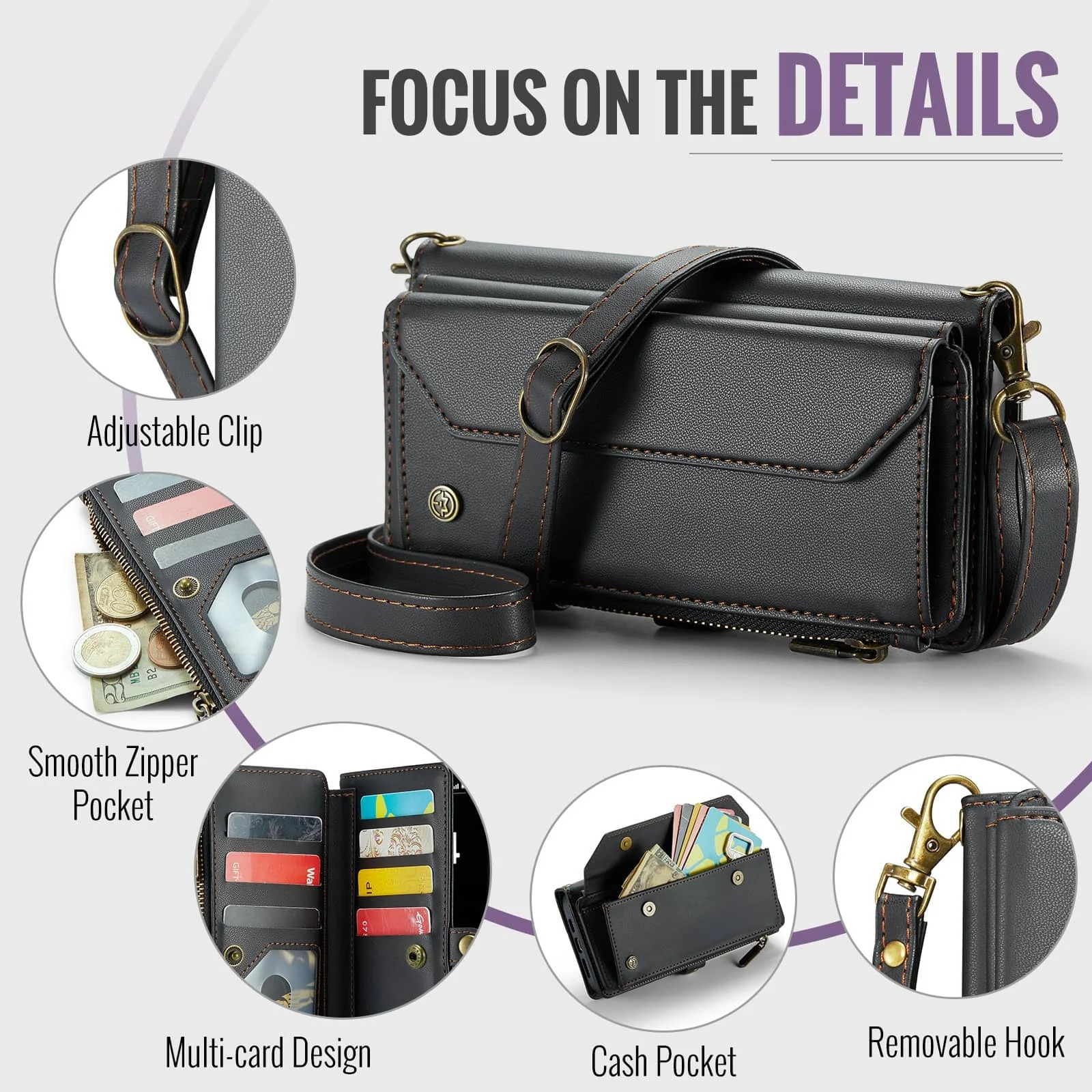 Luxury iPhone Case — Crossbody PU Leather Wallet Flip Cover with RFID Blocking, 7–10 Card Slots, Wristlet Strap & Shockproof Full-Body Protection