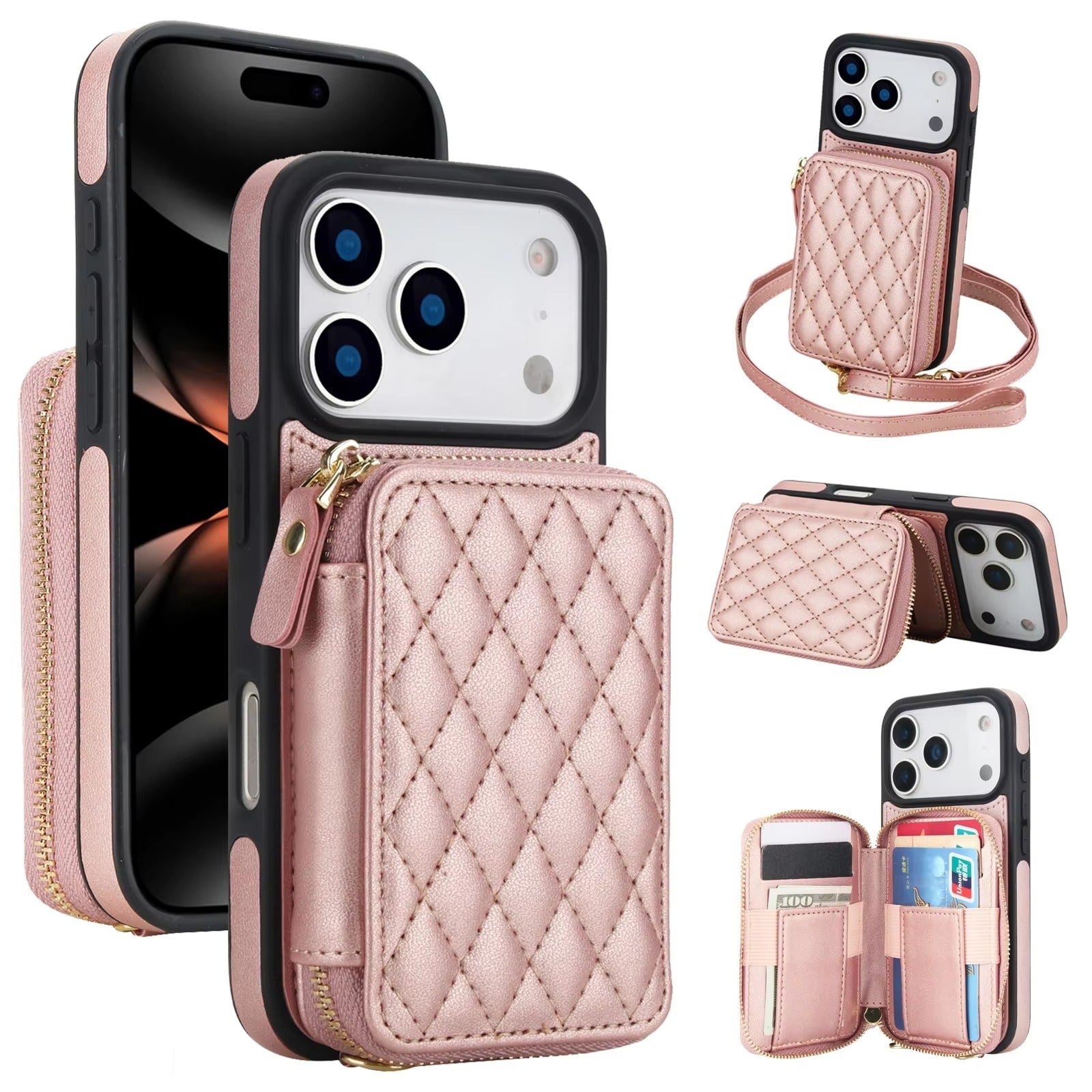 Luxury iPhone Case — Crossbody RFID-Blocking Folio Wallet with Zipper Handbag, Kickstand, Card Slots, Wrist Strap and Lanyard