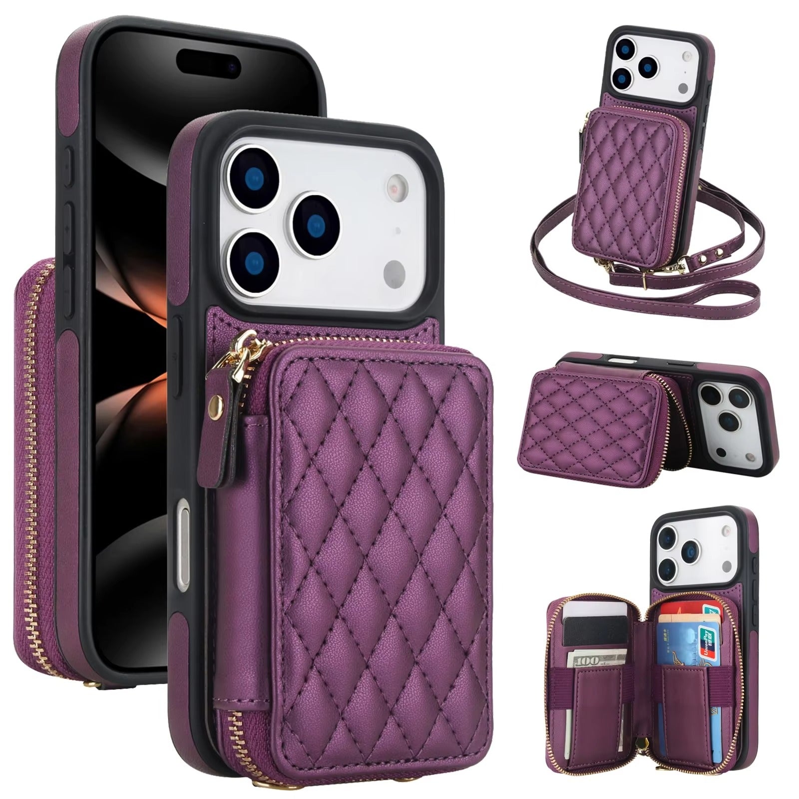 Luxury iPhone Case — Crossbody RFID-Blocking Folio Wallet with Zipper Handbag, Kickstand, Card Slots, Wrist Strap and Lanyard