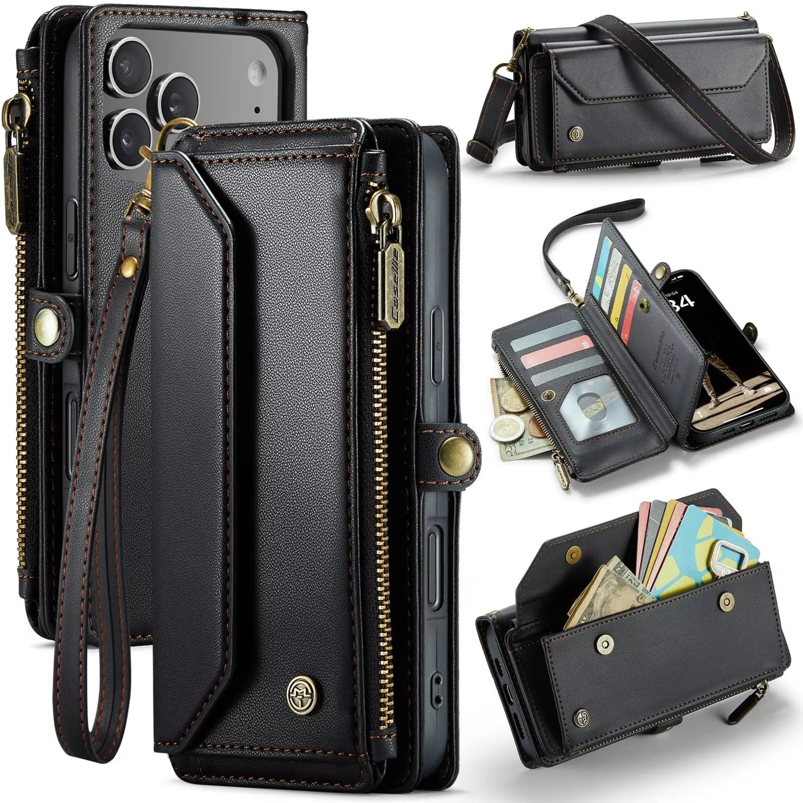 Luxury iPhone Case — Crossbody RFID-Blocking PU Leather Wallet Cover with 7–10 Card Holder, Wristlet & Shoulder Strap, Shockproof Soft Protective Design
