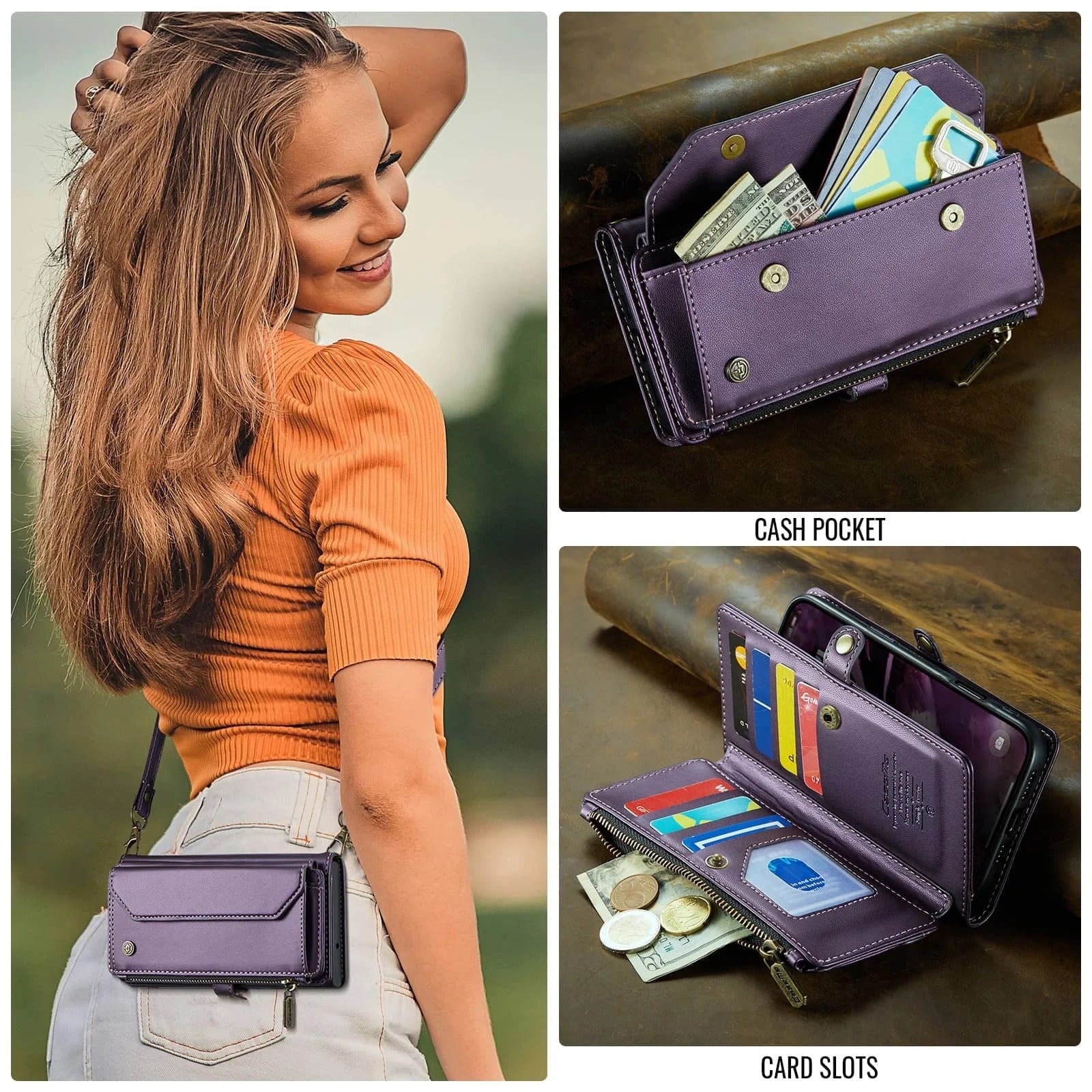 Luxury iPhone Case — Crossbody RFID-Blocking PU Leather Wallet Cover with 7–10 Card Holder, Wristlet & Shoulder Strap, Shockproof Soft Protective Design