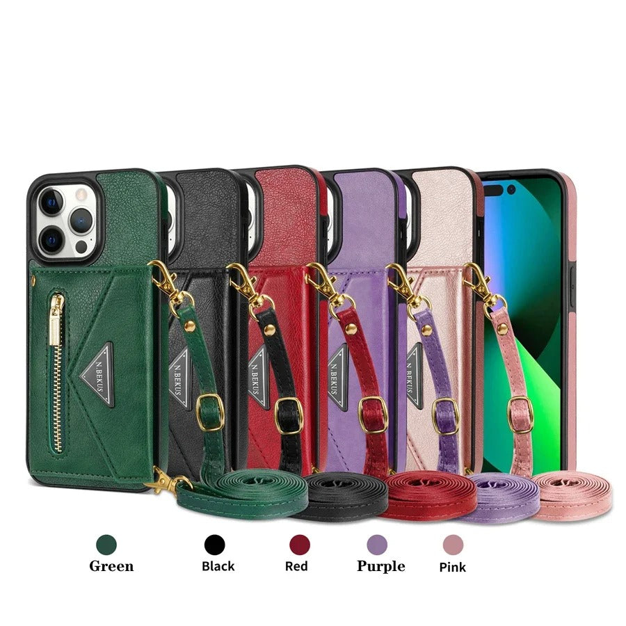 Luxury iPhone Case — Crossbody Wallet with Card Holder and Lanyard Strap, Shockproof Leather Cover, Anti-Fingerprint Full Access Design