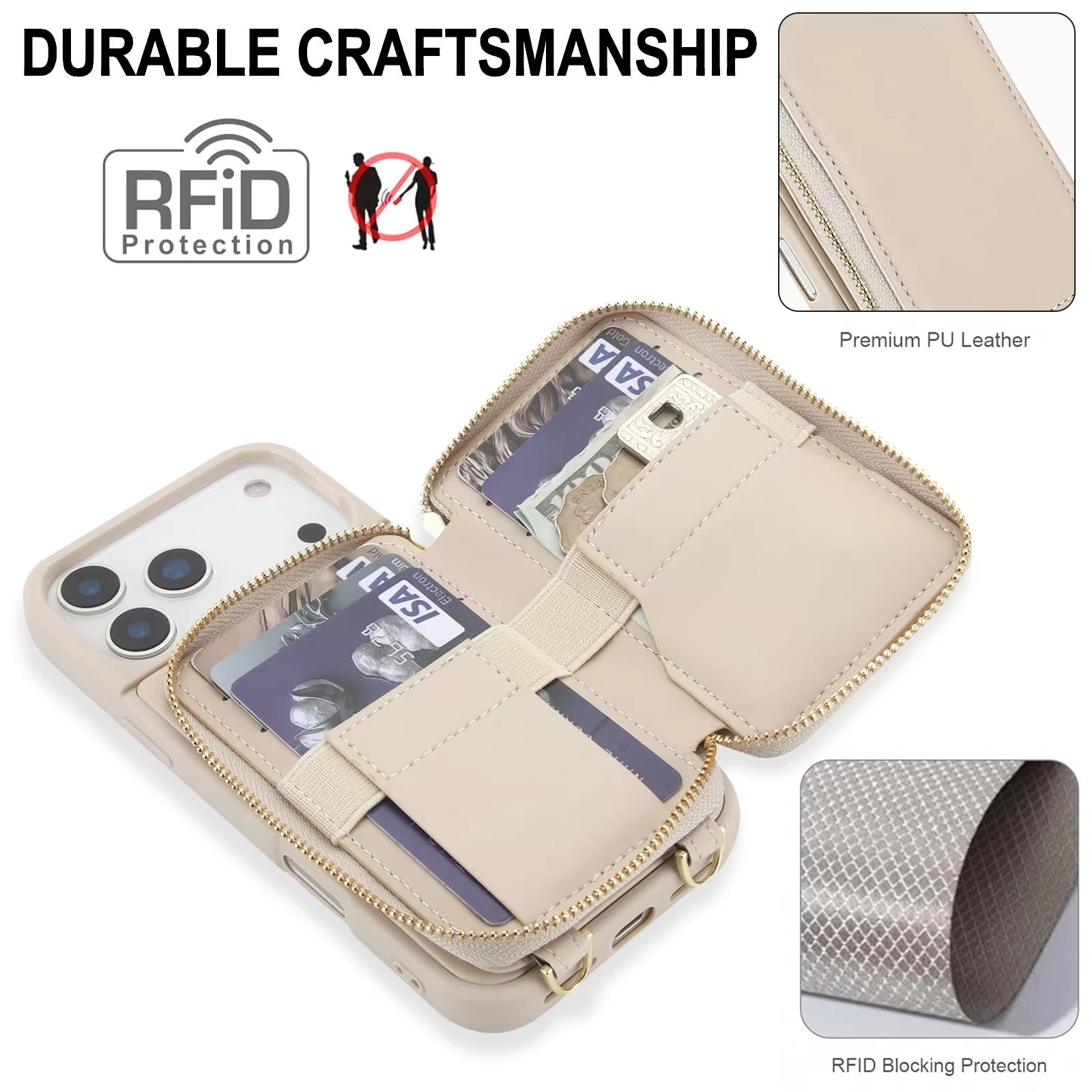 Luxury iPhone Case — Crossbody Zipper Wallet Flip Leather Cover with Card Slot, RFID Pocket and Secure Shoulder Strap Design