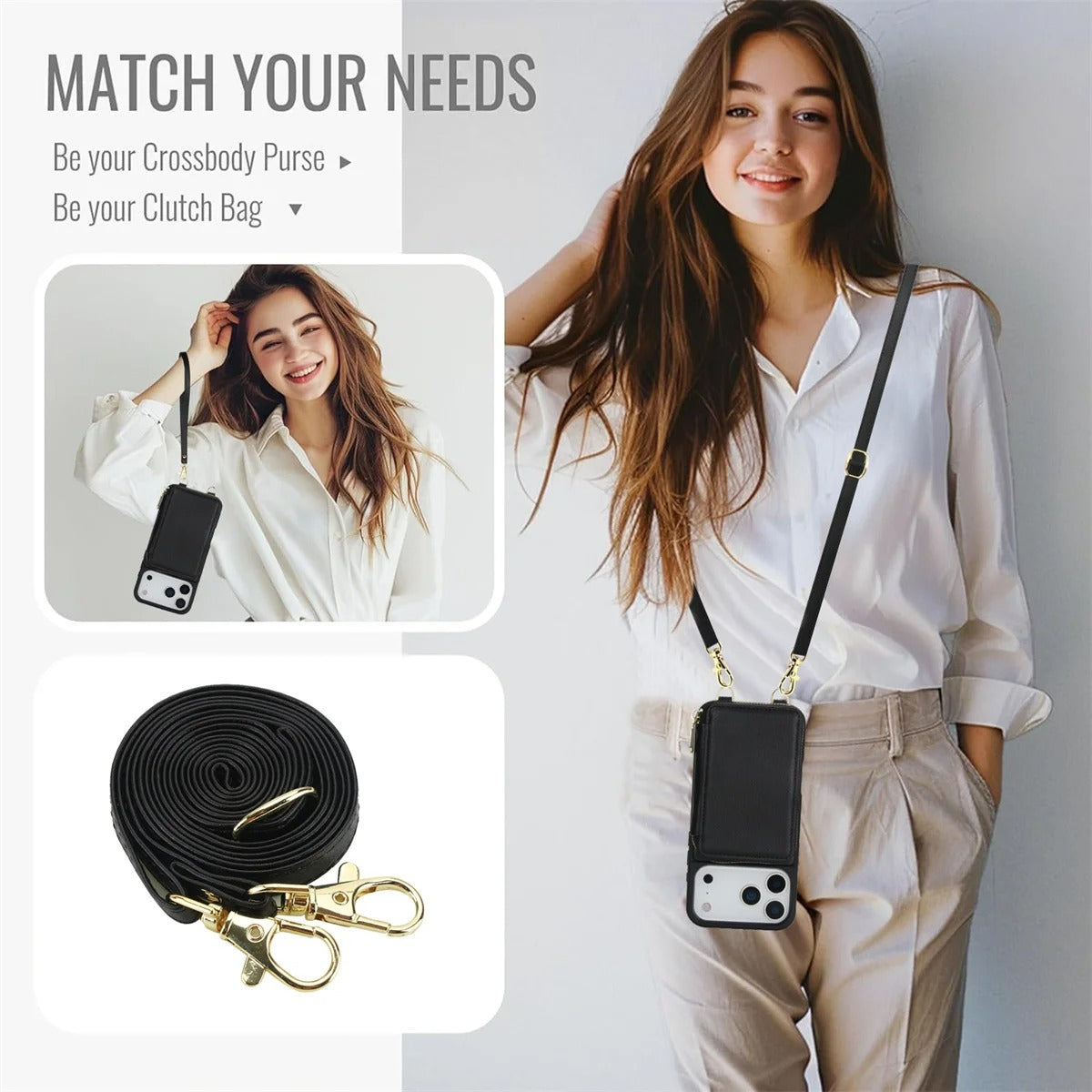 Luxury iPhone Case — Crossbody Zipper Wallet Flip Leather Cover with Card Slot, RFID Pocket and Secure Shoulder Strap Design