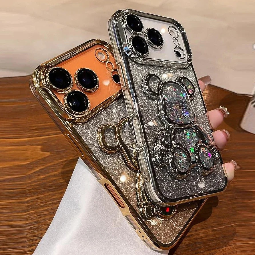 Luxury iPhone Case — Cute Glitter Quicksand Bear Cover with Plating Camera Protector, Shockproof Water-Resistant Acrylic Design & Dustproof Cartoon Style