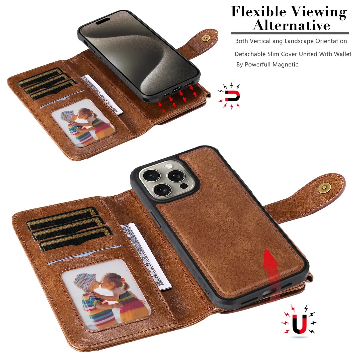Luxury iPhone Case — Detachable Retro PU Leather Zipper Wallet Cover with Card Slots, Shockproof Anti-Fingerprint Protection & Dustproof Non-Slip Design