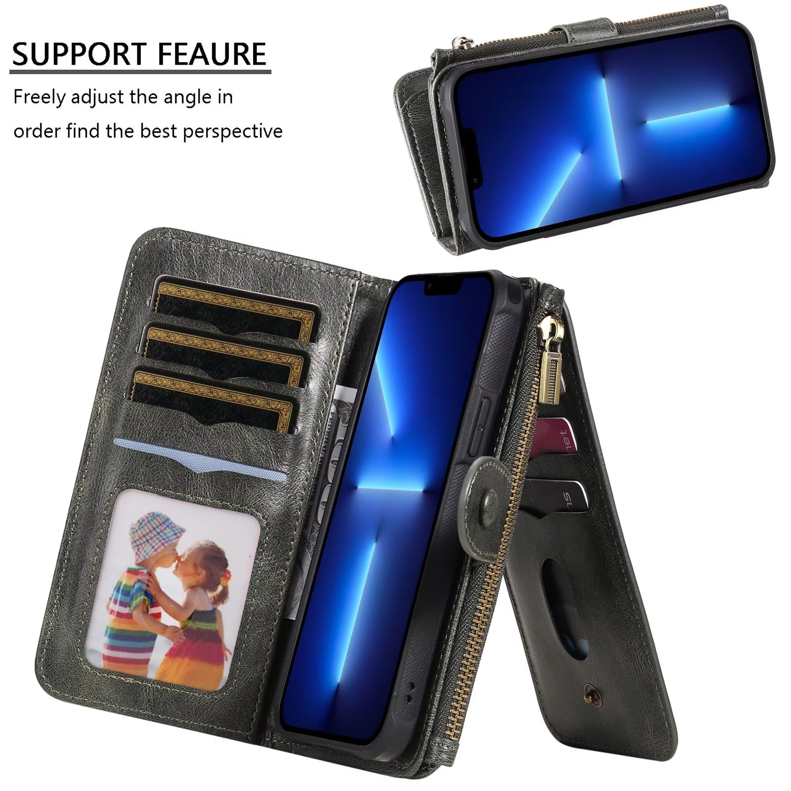 Luxury iPhone Case — Detachable Retro PU Leather Zipper Wallet Cover with Card Slots, Shockproof Anti-Fingerprint Protection & Dustproof Non-Slip Design