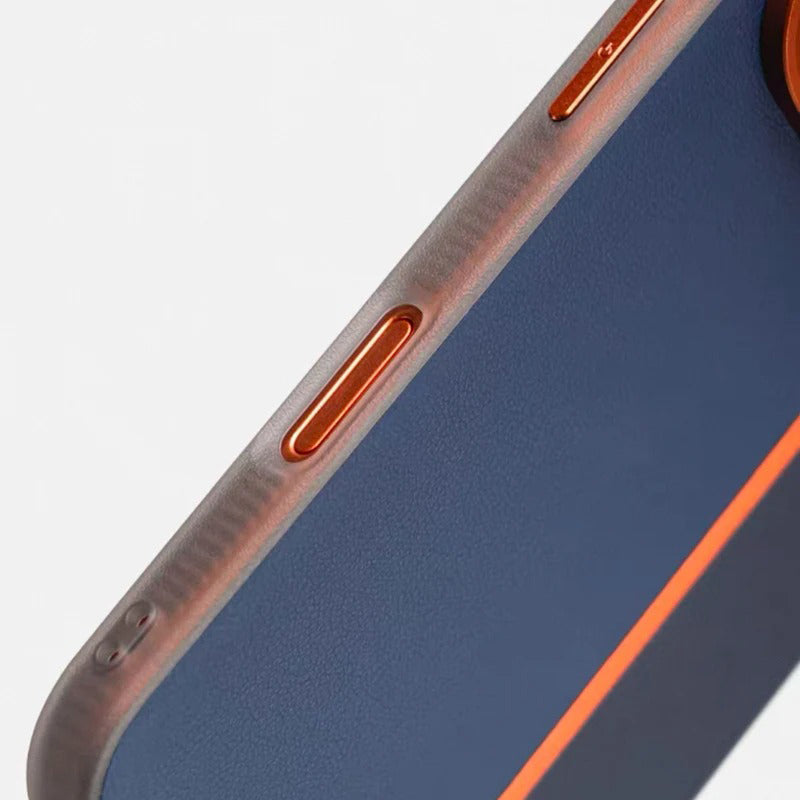 Luxury iPhone Case — Frosted PU Leather Texture MagSafe Armor Cover with Alloy Lens Protection, Matte Anti-Fingerprint Finish and Shockproof TPU Edge Design