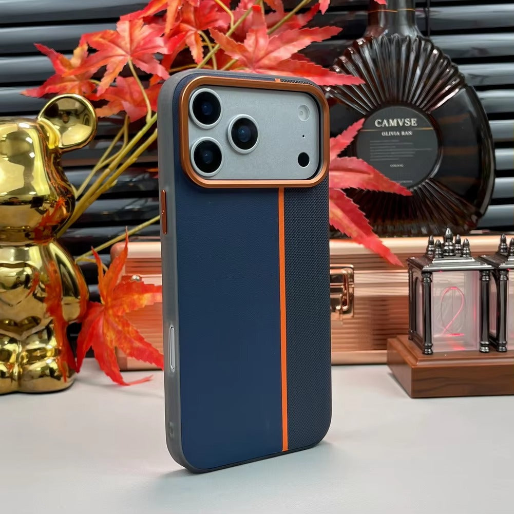 Luxury iPhone Case — Frosted PU Leather Texture MagSafe Armor Cover with Alloy Lens Protection, Matte Anti-Fingerprint Finish and Shockproof TPU Edge Design