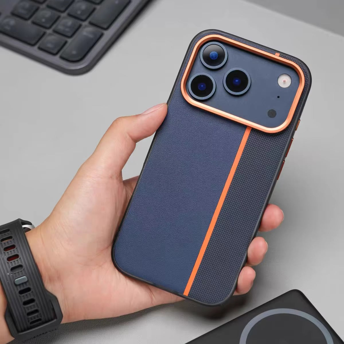 Luxury iPhone Case — Frosted PU Leather Texture MagSafe Armor Cover with Alloy Lens Protection, Matte Anti-Fingerprint Finish and Shockproof TPU Edge Design