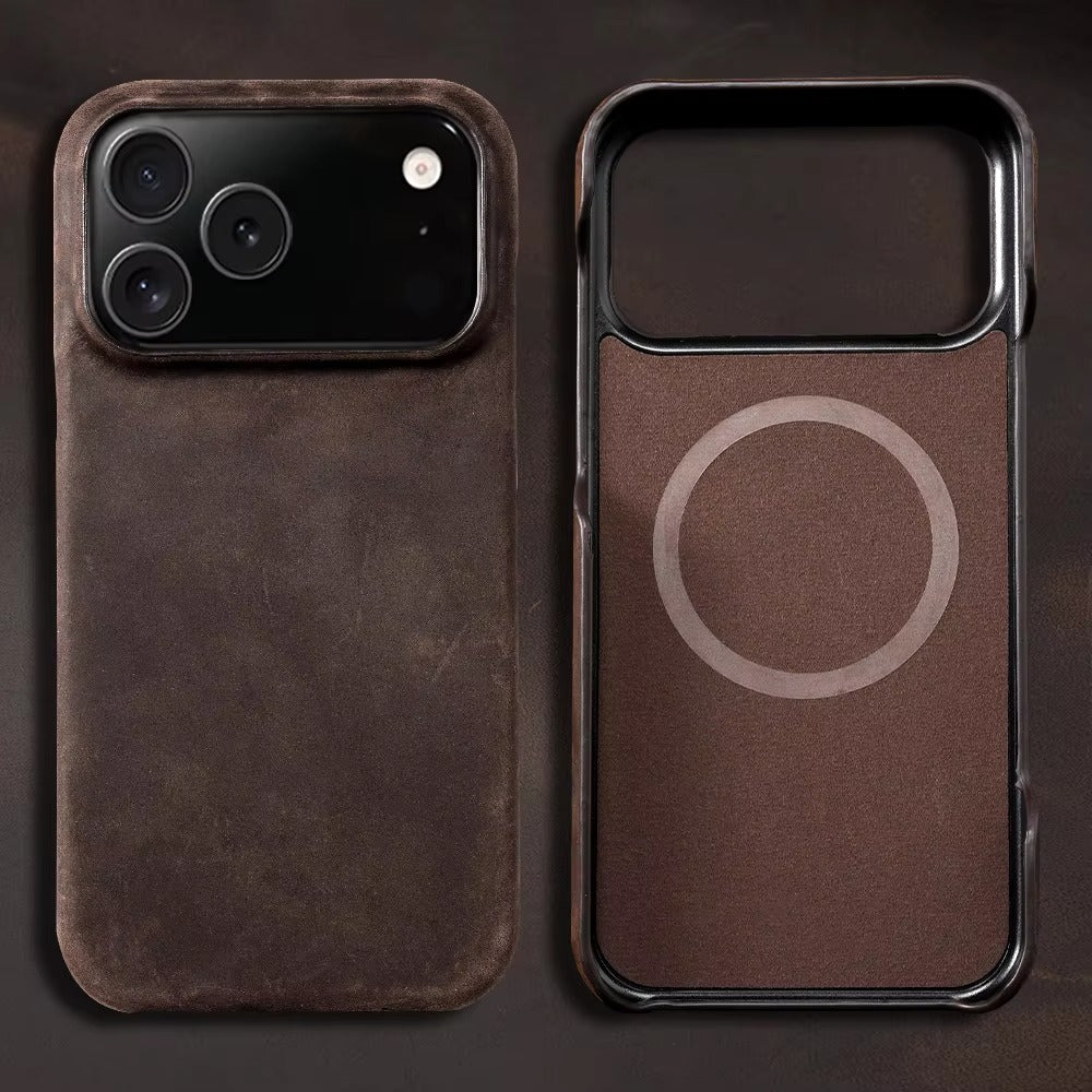 Luxury iPhone Case — Genuine Cowhide Leather Pull-Up Cover with Retro Magnetic Design, MagSafe Compatibility & Shockproof Full-Back Protection