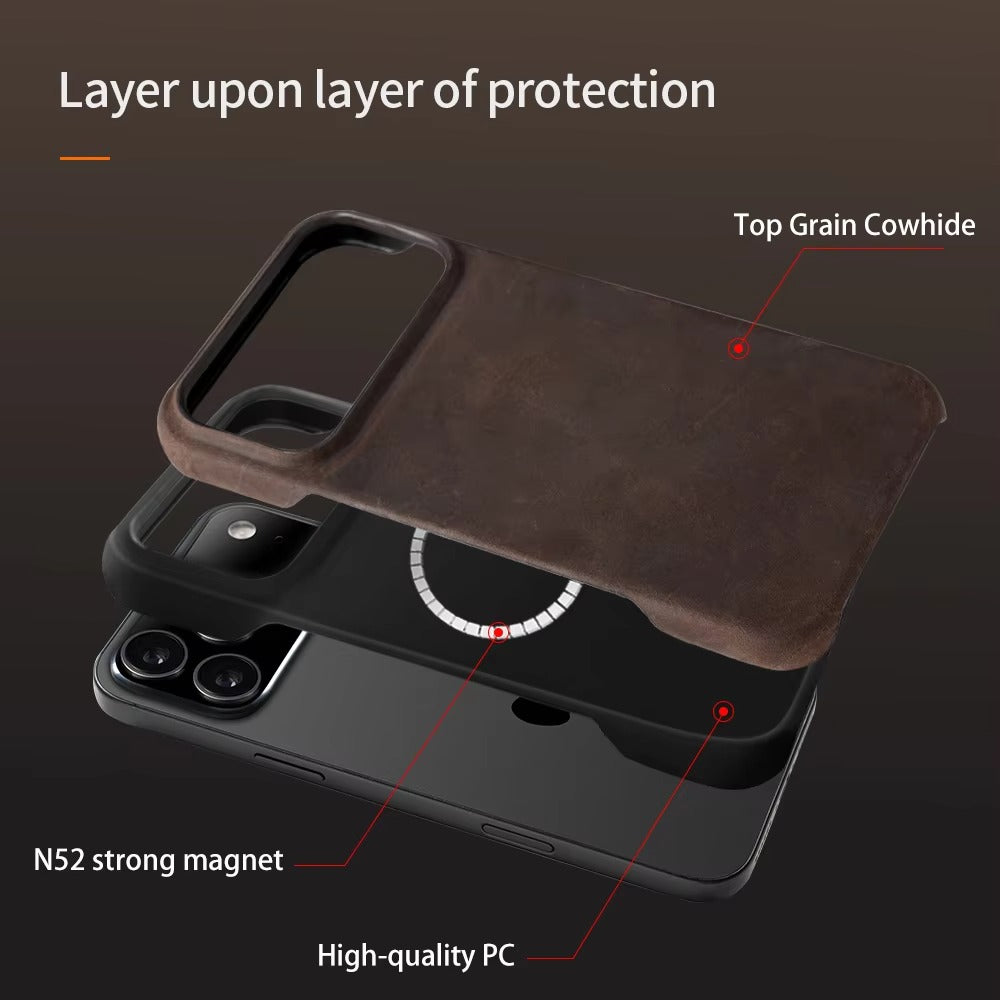 Luxury iPhone Case — Genuine Cowhide Leather Pull-Up Cover with Retro Magnetic Design, MagSafe Compatibility & Shockproof Full-Back Protection